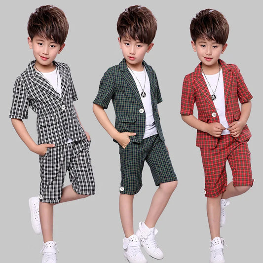 2022 Children Summer Formal Suit Boys Blazer+Shorts 2Pcs Photograph Set Kids Plaid Wedding Performance Dress Ceremony Costume