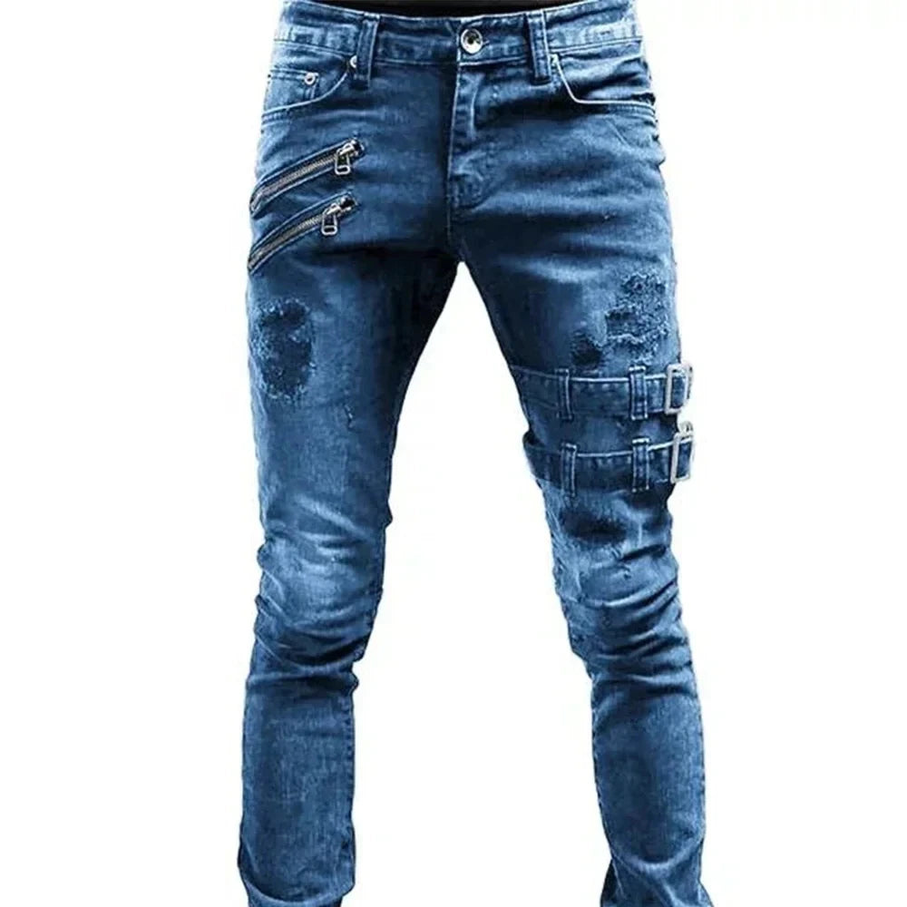 New retro thigh double zipper straight leg jeans men's zipper hole street wear punk tight denim work pants pants Y2K clothing