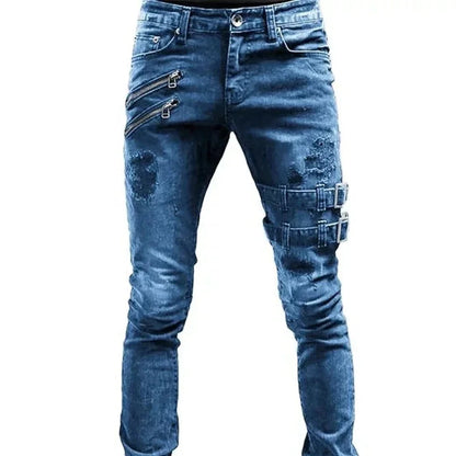 New retro thigh double zipper straight leg jeans men's zipper hole street wear punk tight denim work pants pants Y2K clothing
