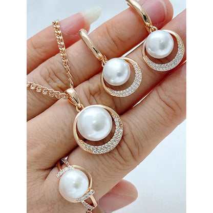 Fashion Geometry Pearl Ring Earrings Necklace for Women 585 Rose Gold Color With Natural Zircon Ethnic Wedding Jewelry