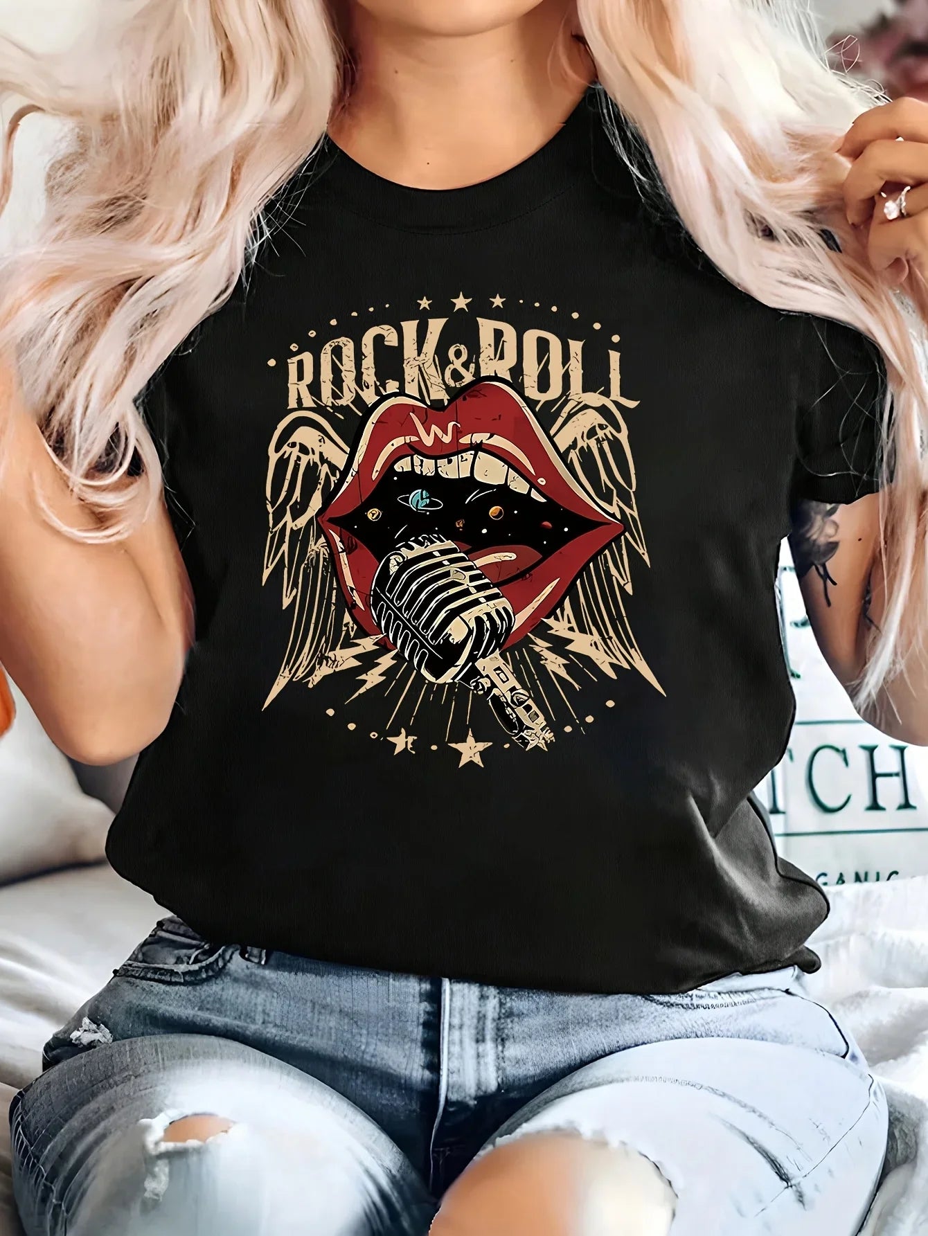 Women'S Vintage Rock  Roll Microphone Mouth Graphic Tee - Casual Crew Neck Short Sleeve T-Shirt Summer Fashion Allseason Top