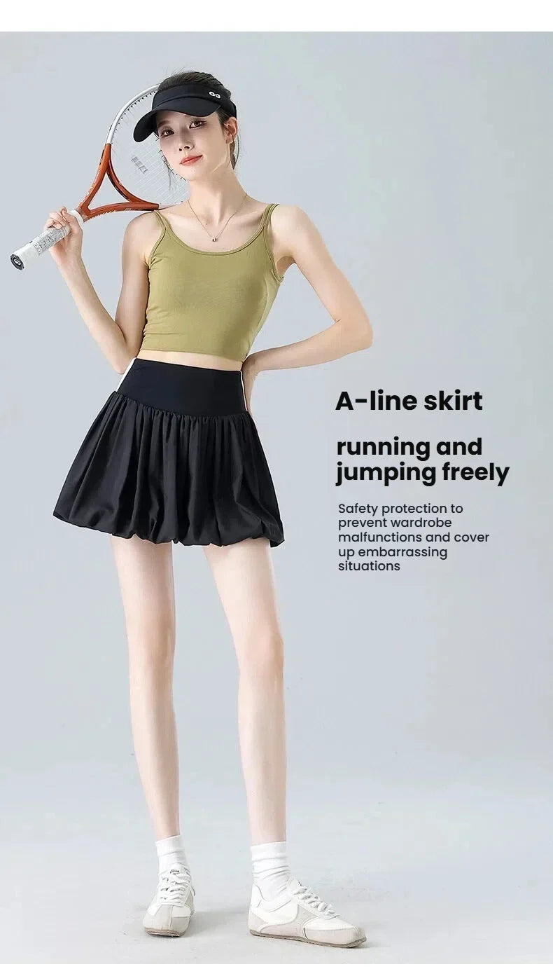 Women Summer Tennis Skirt High Waist Flared Flounce Skirt 2 in 1 with Shorts Anti-Exposure Athletic Pleated Golf Skirt Workout