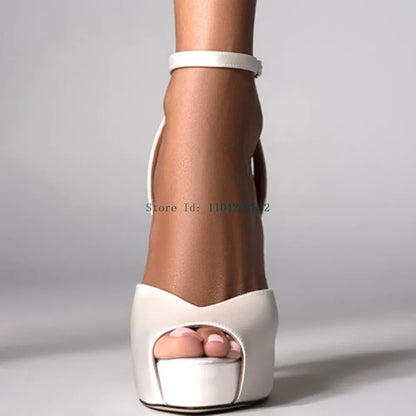 Red Patent Leather Platform High Heels  Stiletto Ankle Buckle Strap Solid New Arrivals Fashion Slingback Buckle Strap Shoes