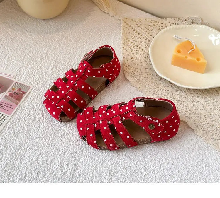 All Over Print Polka Dot Children Sandals for Girls Suede Leather Summer Students Holiday Shoes Girl Daily Shoes Cut-outs I05103