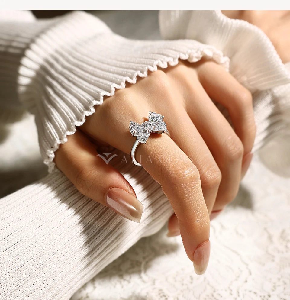 S925 Silver Heart Cut Bow Ring Full Moissanite Rings for Women Elegant Romantic Wedding Engagement Party Jewelry Gifts