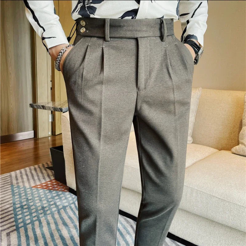 Men's Slim Fit Naples Business Casual Trousers Made of Autumn and Winter Wool, Thickened for Warmth, Classic Ankle-length Pants.