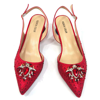 Sandals Woman Summer 2024 Hot Selling Design Pointed Toe Thin Heels Mature Ladies Shoes Matching Bag Set in Red Color