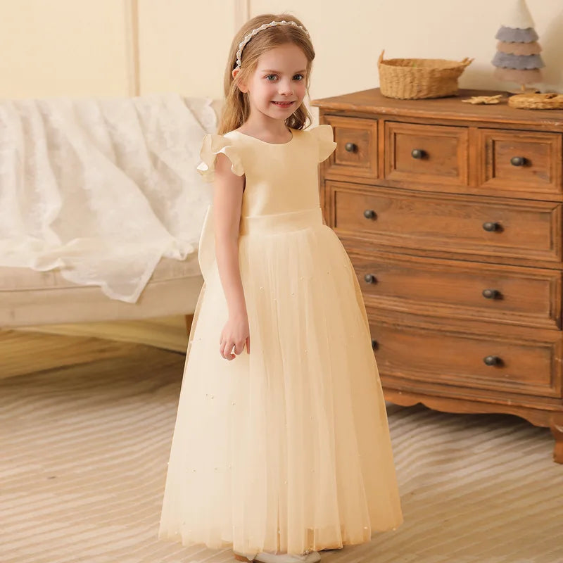 Summer Girl Flower Birthday Tulle Dress Backless Bow Wedding Gown Piano Kids Party Wear Princess Dress Baby Girl Bowknot Dresses