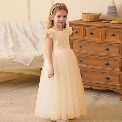 Summer Girl Flower Birthday Tulle Dress Backless Bow Wedding Gown Piano Kids Party Wear Princess Dress Baby Girl Bowknot Dresses