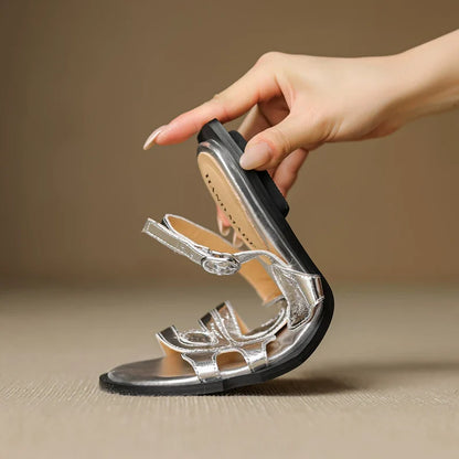 Women's New Round Head Spring/Summer Genuine Leather Sheepskin Spliced Low Heel Large Size Elastic Open Toe Sandals