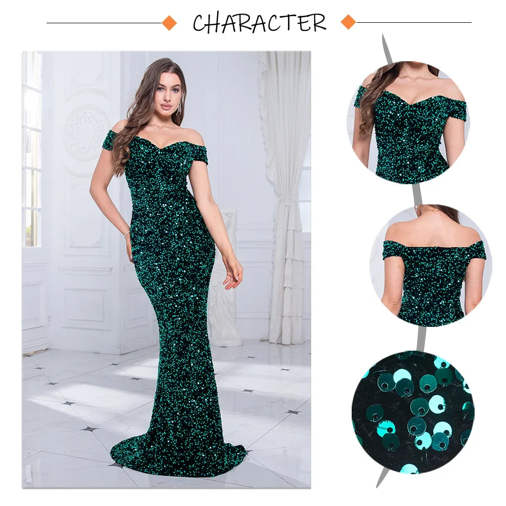Vestido de Noite Sereia Romagic com Ombro a Ombro Vermelho, Paetê Elástico, Veludo, Gola Cortada, Comprimento Longo, Vestido de Luxo para Festa Feminina