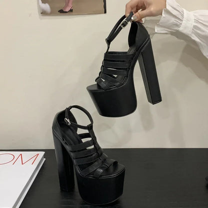 Sexy Hollow-out Ultra High Heels Design Narrow Band Buckle Strap Sandals Women Shoes Peep Toe Nightclub Zapatos Mujer
