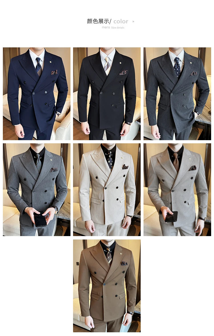 (Jackets+Pants) Luxury Double Breasted Design Slim Fit Suit High Quality Fashion Men's Wedding Social Suit Tuxedo 2 Piece Set