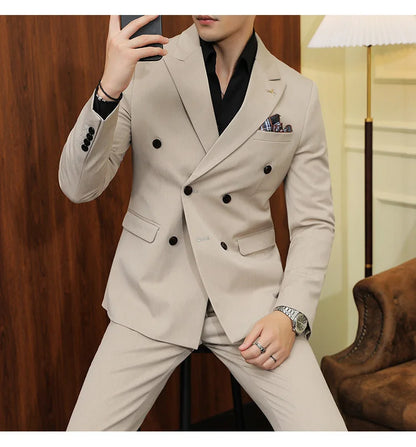 ( Blazers + Pants ) Boutique Fashion Solid Color Double-breasted Men's Casual Business Slim Suit 2-piece Set Groom Wedding Dress