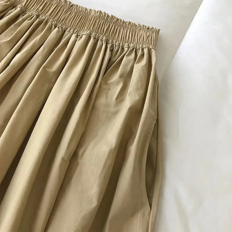 NEW Women's White Long Skirt High Waist A-Line Knee-Length Fashion Pockets Pleated Casual Elegant Skirts for Autumn