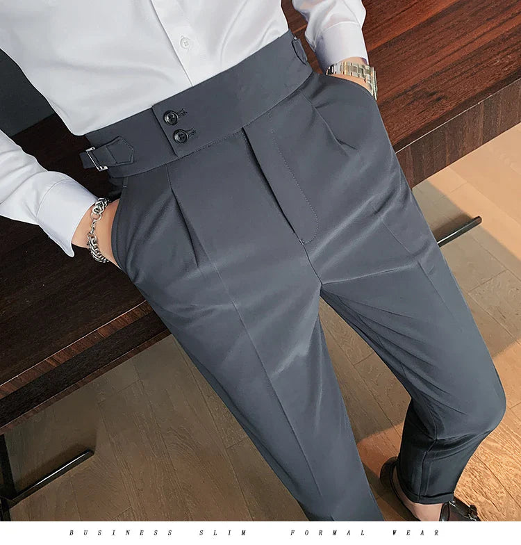 Men British Style Suits Pants New Male Solid High Waist Trousers High Quality Men Formal Slim Fit Business Casual Suit Pants