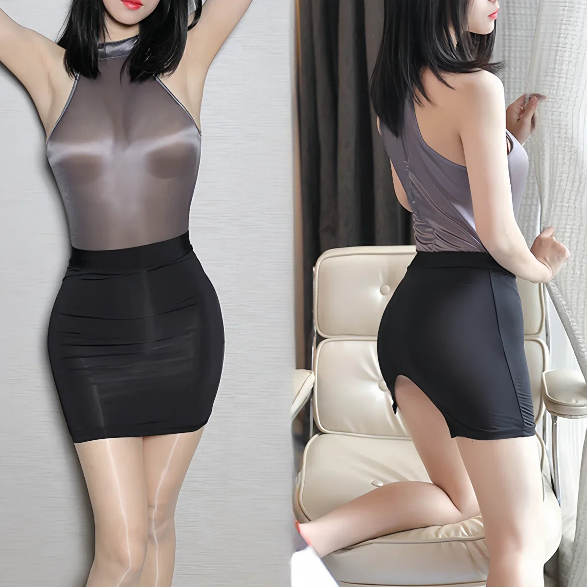 Wrap Hips Cut Out Side Pencil Mini Skirts See Through Black Ultra Short Skirt for Women Night Club Street Wear