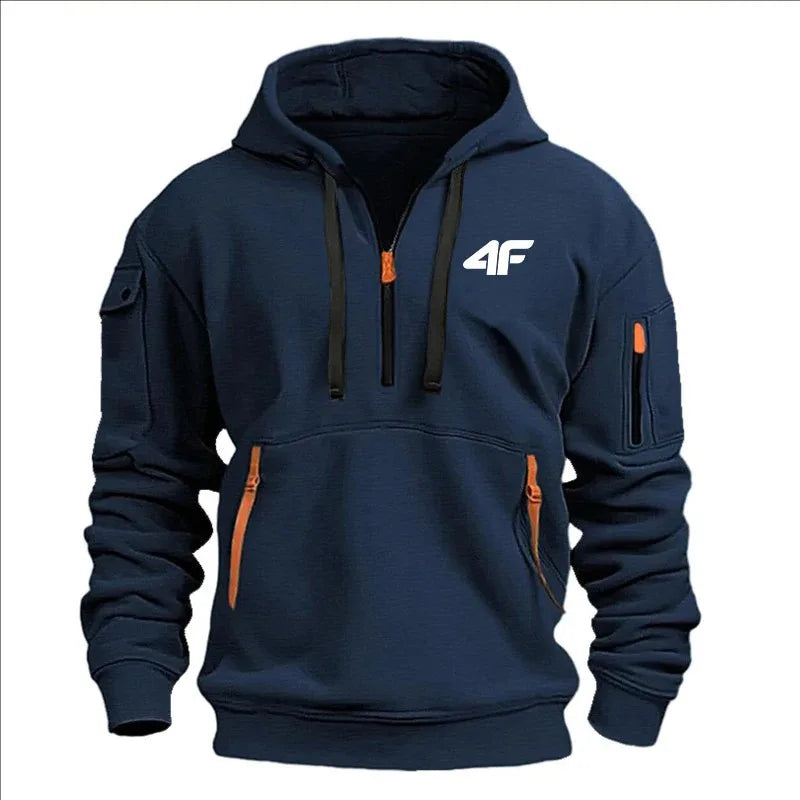 Men's hooded sweater casual sports jumper vintage Harajuku long sleeve zipper multi-pocket casual loose coat Street