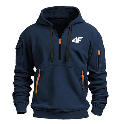 Men's hooded sweater casual sports jumper vintage Harajuku long sleeve zipper multi-pocket casual loose coat Street