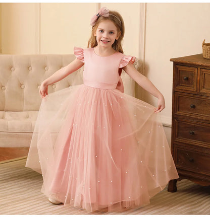 Summer Girl Flower Birthday Tulle Dress Backless Bow Wedding Gown Piano Kids Party Wear Princess Dress Baby Girl Bowknot Dresses