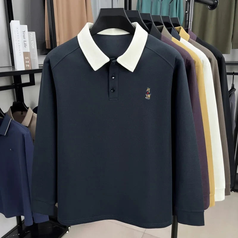Premium luxury men's long sleeve polo shirt brand cartoon bear embroidery Korean style fashion comfort autumn new lapel T-shirt