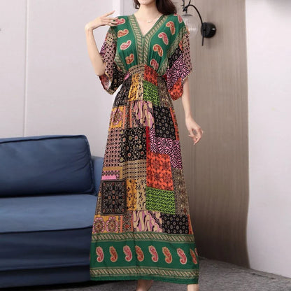 Flower V-neck Elastic Youthful Bohemian Sweet Midi Dress Woman Clothes Chic Fashion Summer Dresses 2025 Large Swing Ski