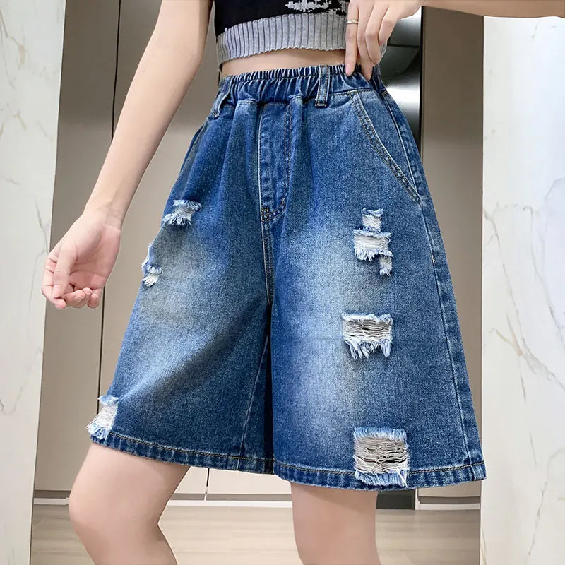 Plus Size Denim Shorts For Women 2024 Summer Wide Leg Loose Blue Jeans Shorts High Elastic Waist Half Length Casual Denim Shorts