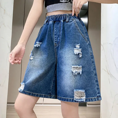 Plus Size Denim Shorts For Women 2024 Summer Wide Leg Loose Blue Jeans Shorts High Elastic Waist Half Length Casual Denim Shorts