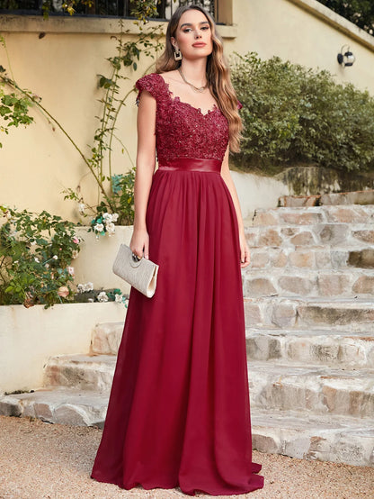 A-line V Neck Sleeveless Floral Lace Chiffon Back Hollow Long Paty Bridesmaid Dress Women 2024 For Wedding Sexy Evening Dress