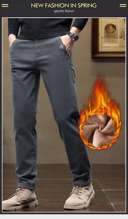 Winter Thicken Men's Solid Slim Straight Casual Pants Business Classic Fleece Trousers Male Warm Plaid Elasticity Pants