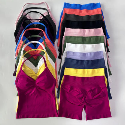 No Logo 2 Pieces Sports Set Workout Clothes Shorts Sets Gym Strappy Top Scrunch Shorts Yoga Clothing Gym Set