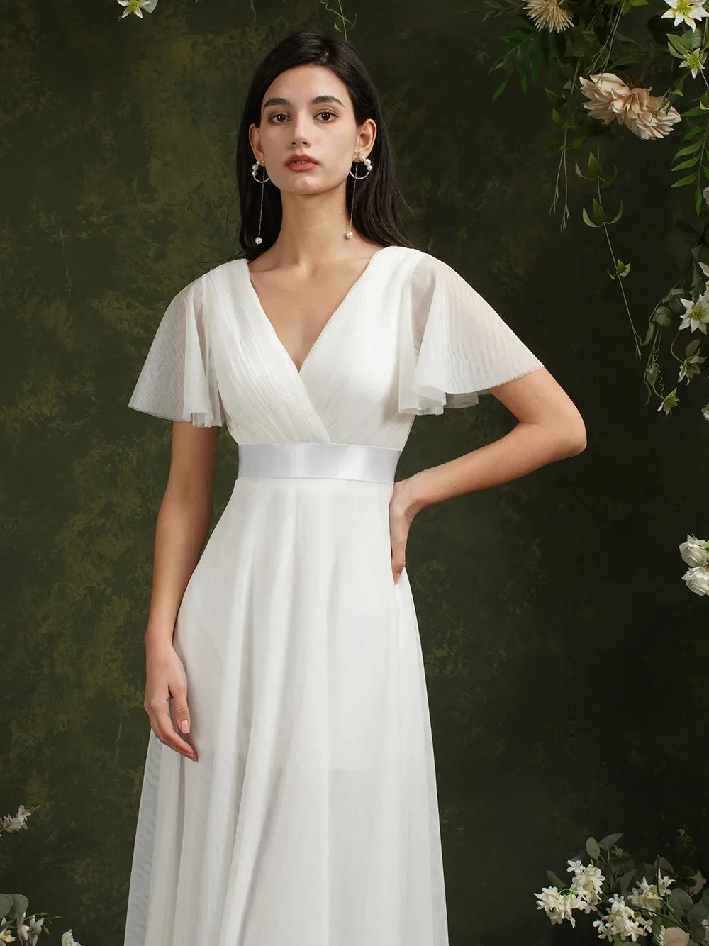 Empire Evening Dresses Cross V-Neck Tulle Short Sleeve Sashes Wedding Dress Sexy Backless Women's Formal Party Gowns