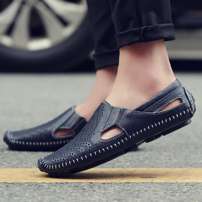 Men's Hollow Leather Shoes Summer Breathable Sandals Genuine Leather Slip-on Loafers Flat  Soft Soled Driving Casual Shoes