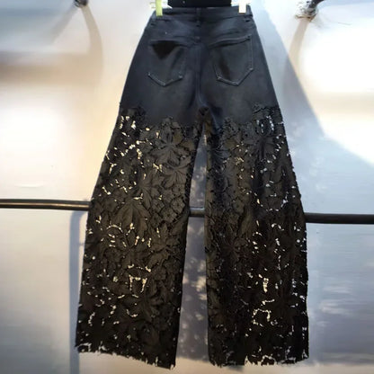 Summer New Heavy Embroidery Rhinestone Denim Patchwork Hook Flower Hollow Lace Straight Leg Wide Leg Pants Casual High Waist ...