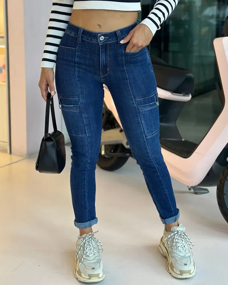 Calça Cargo Y2K Feminina Streetwear Jeans Que Emagrece Calça Jeans Feminina Casual Cintura Baixa Calça Azul Elástica Tamanho Grande Todas as Estações