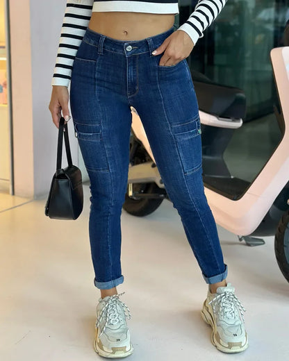 Calça Cargo Y2K Feminina Streetwear Jeans Que Emagrece Calça Jeans Feminina Casual Cintura Baixa Calça Azul Elástica Tamanho Grande Todas as Estações