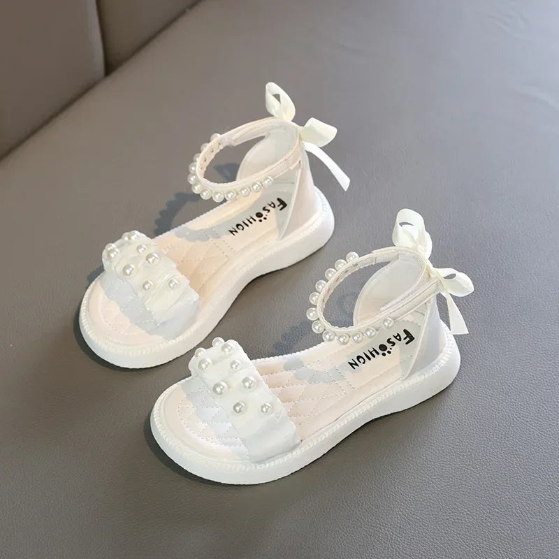 Children's Sandals Summer Bowtie Princess Shoes for Girls Fashion Sweet Kids Causal Pearl Roman Sandals Solid Color Hook Loop