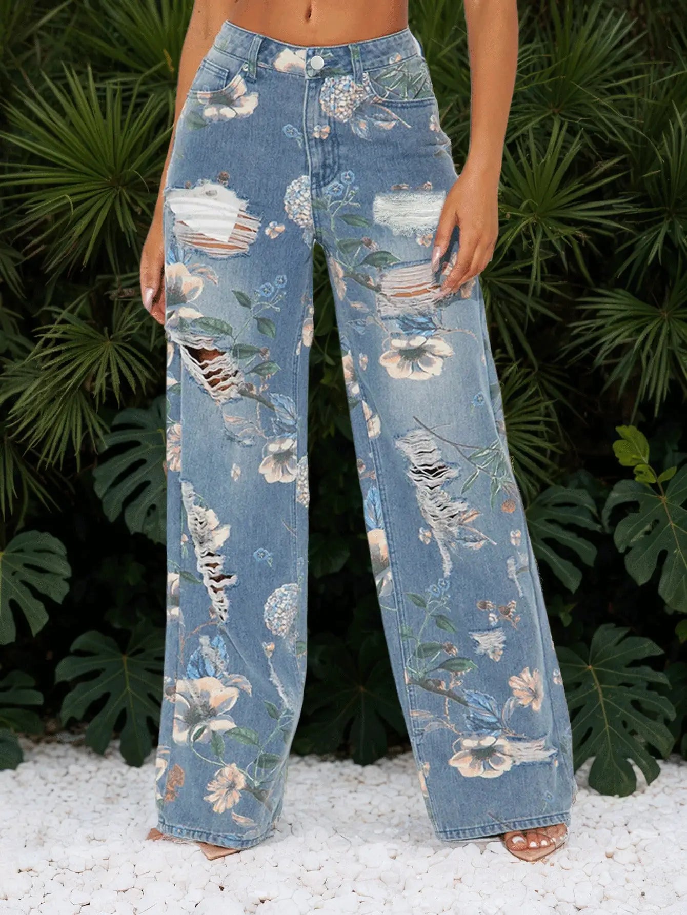 Women's Printed Straight-Leg Distressed Denim Jeans