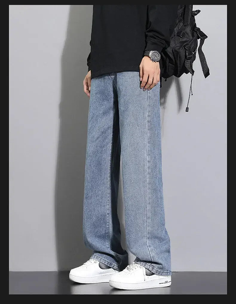2026 New Korean Men's Casual Long Jeans Classic Man Straight Denim Wide-leg Pants Solid Color Light Blue Black 3XL Cargo Jean