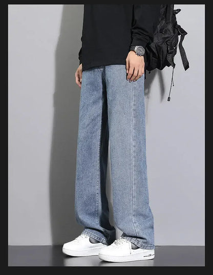 2026 New Korean Men's Casual Long Jeans Classic Man Straight Denim Wide-leg Pants Solid Color Light Blue Black 3XL Cargo Jean