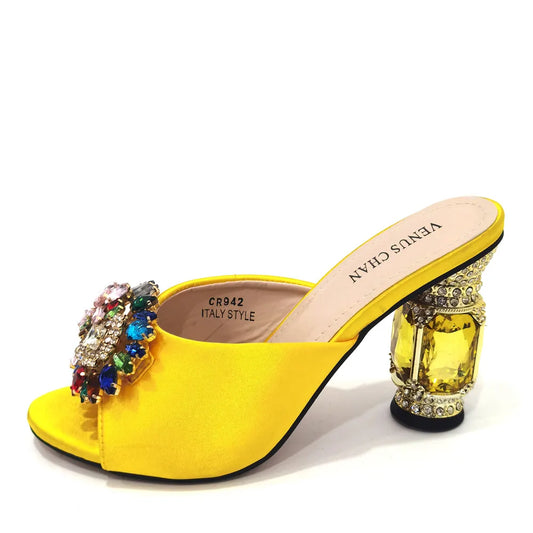 Yellow Color Luxury Rhinestone Heel Fashion Party Women's High Heels Elegant Evening Sandals Wedding Bags and Shoes with