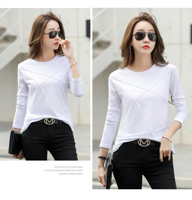2026 Spring Long Sleeve Women O-Neck Bamboo Cotton T-Shirt Elegant Loose Ribbed Fashion Tee Shirt Ladies Simple Tops