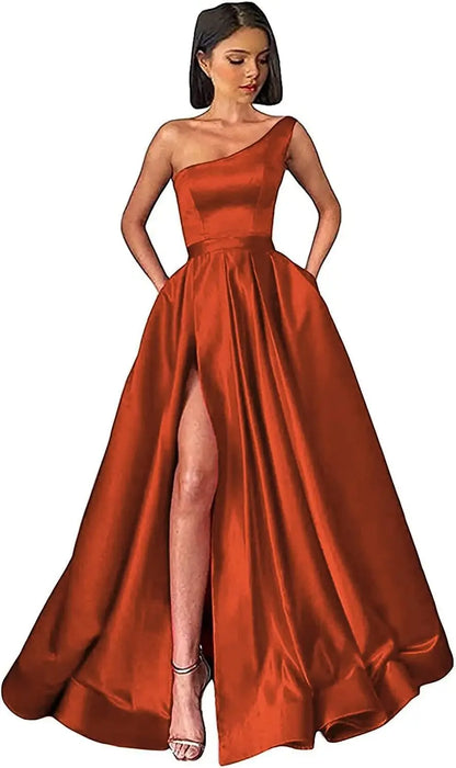 Women's One Shoulder Prom Dresses with Pocket High Slit Pleated Satin Corset Formal Gowns Evening Dress A Line Bridesmaid Gown