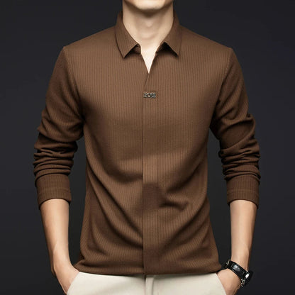 Men's Business Casual Solid Color Stretch V-neck POLO Shirt Daily Commute Striped Sweater for Fall 2024.