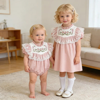 2026 New Summer Sister Clothing Short Sleeved Cotton Embroidery Kids Princess Dress 2-6Y Baby Girl Birthday Party Lace Dress