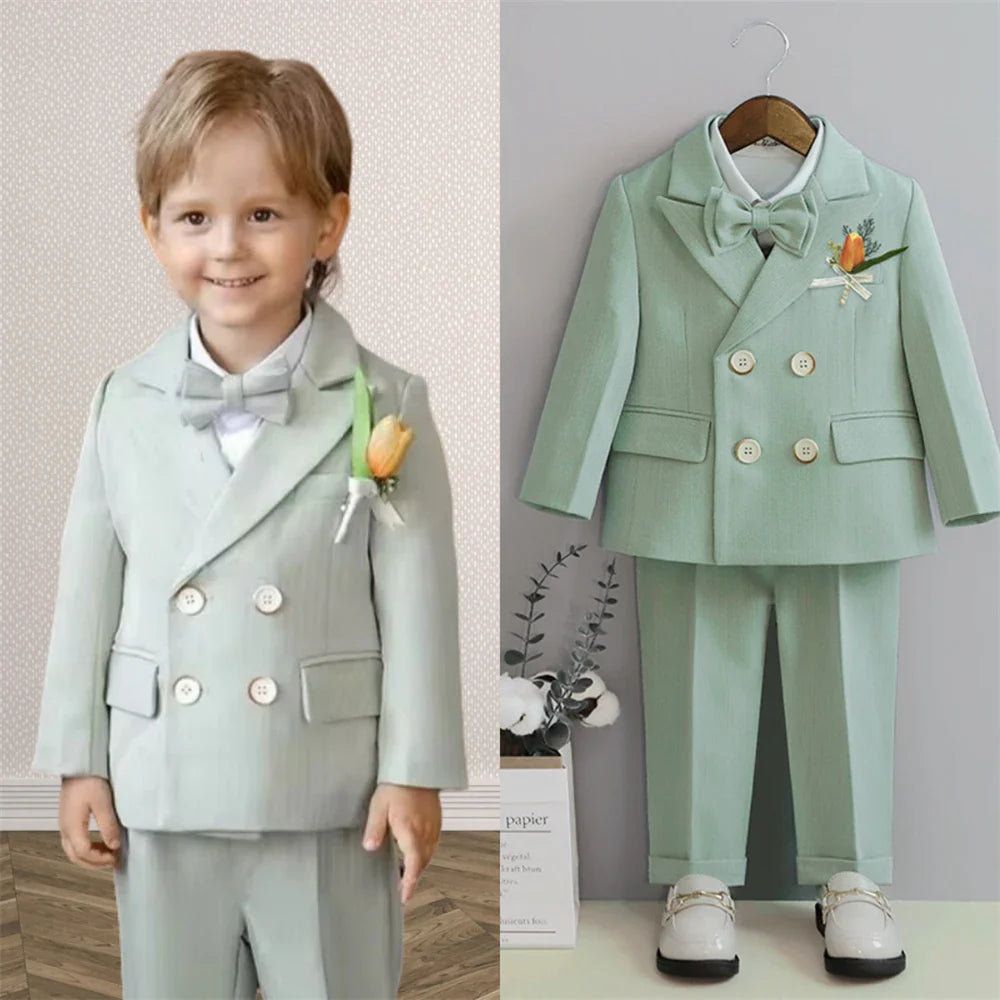 Macaroon Colorful Toddler Suit Set Double Breasted Kids Suits Blazer Pants Bow-tie Brooch Boy's Formal Tuxedo Dresswear