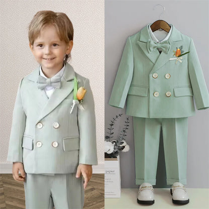 Macaroon Colorful Toddler Suit Set Double Breasted Kids Suits Blazer Pants Bow-tie Brooch Boy's Formal Tuxedo Dresswear