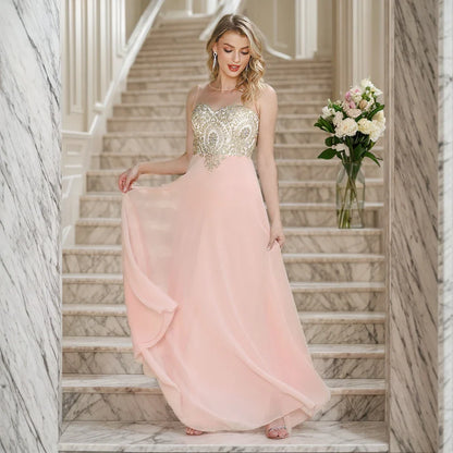 Elegant Sweetheart Prom Dress with Gold Embroidered Bodice & Flowing Chiffon Skirt for Homecoming & Formal Events
