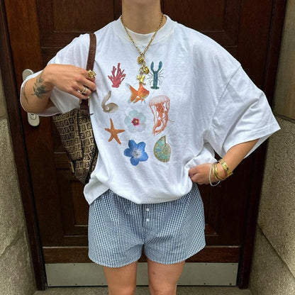American Simple Y2K Women's Personality Printed T-shirt Summer INS Marine Casual Street Clothing Retro Hip-hop Short-sleeved Top