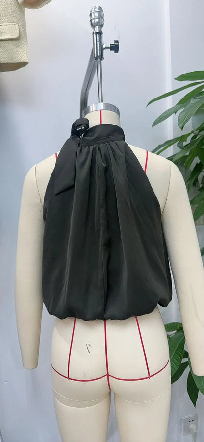 European and American style 2025 autumn new product women's clothing design with bow tie decoration hanging neck collar top